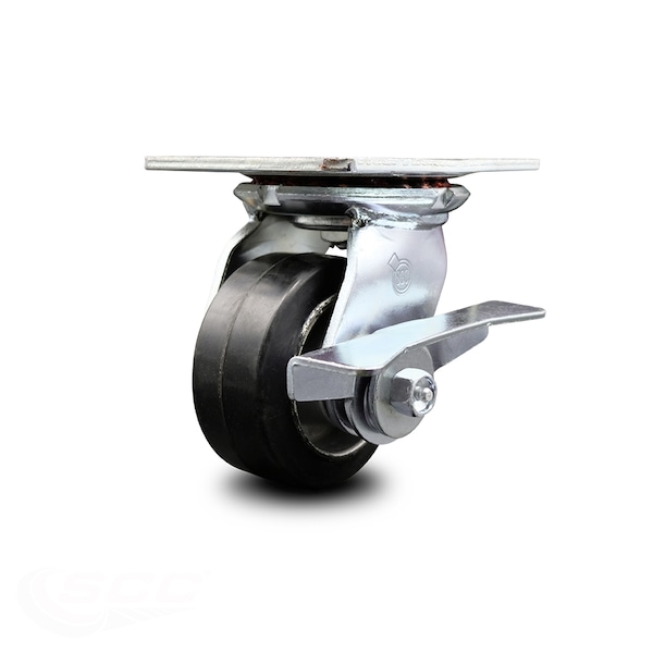 4 Inch Heavy Duty Rubber on Aluminum Caster with Roller Bearing and Brake SCC